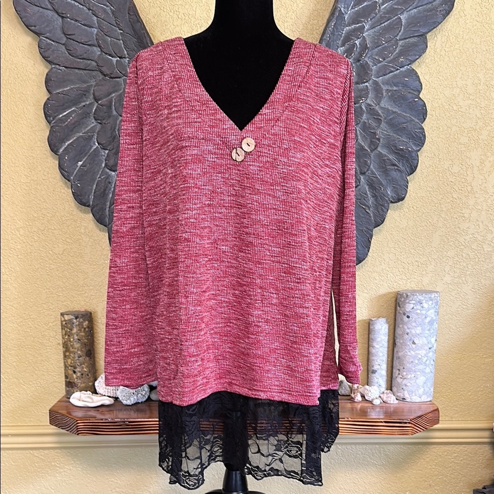 Rosegal Red V-Neck Top with Lace Hem